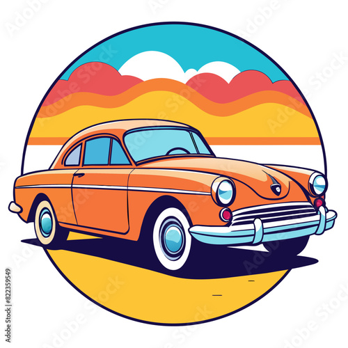 classic vintage car on a summer beach, illustrated in a minimalist flat design style with simple shapes and clean lines