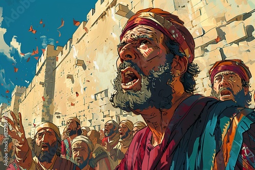 Step into a playful cartoon scene capturing Joshua and the Israelites circling the walls of Jericho, showcasing their resolve and hope as they prepare to bring down the formidable barriers
