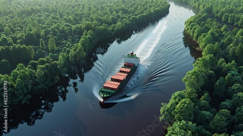 ecofriendly cargo container ship navigating river sustainable maritime transport reducing carbon emissions environmental conservation concept 3d illustration