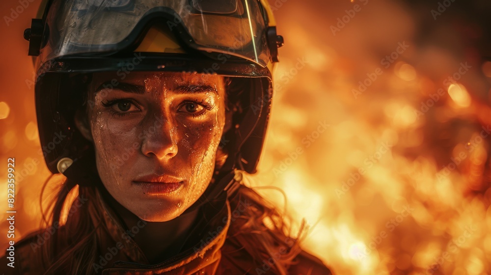 Woman firefighter battling a fierce blaze, intense expression under helmet, Woman firefighter battling a fierce blaze, intense expression under helmet,