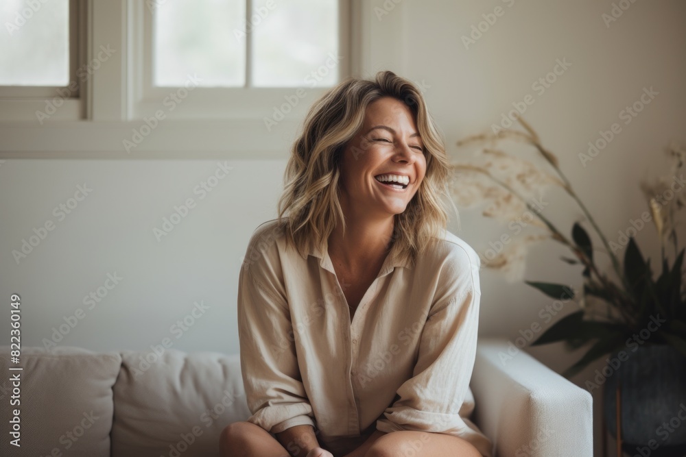 Portrait of a smiling woman in her 40s laughing on crisp minimalistic living room Portrait of a smiling woman in her 40s laughing on crisp minimalistic living room