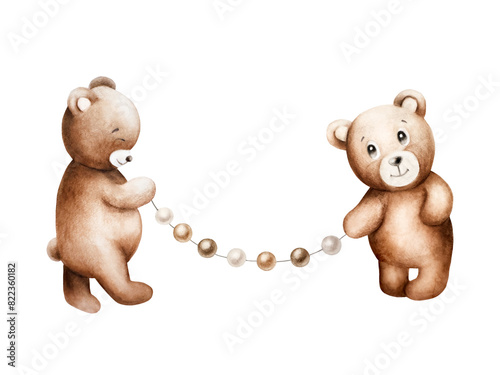 Cartoon teddy bears with birthday garland of brown and beige balls. Hand drawn watercolor illustration isolated on background. Holiday and festive element for designers, prints, baby shower, postcards