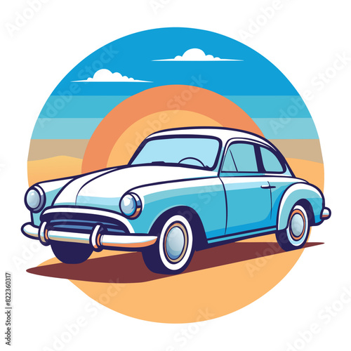 classic vintage car on a summer beach, illustrated in a minimalist flat design style with simple shapes and clean lines © amanmalik