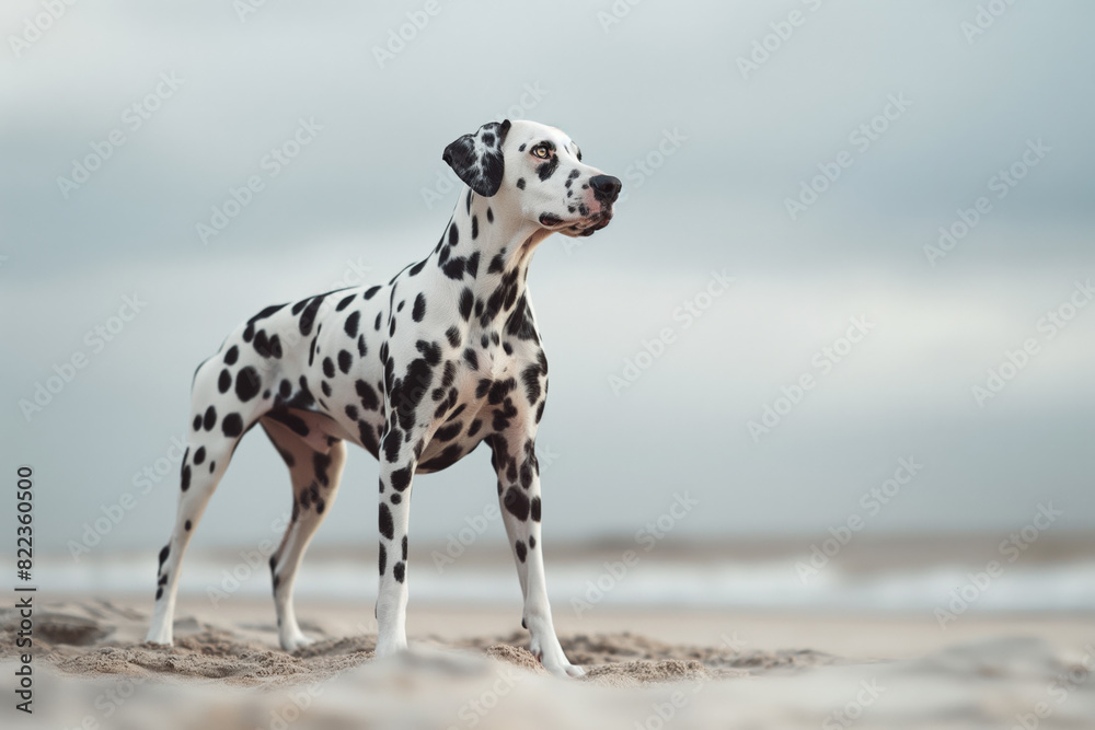 Dalmatian dog standing on a sandy beach with an overcast sky in the background.