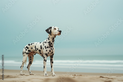 Dalmatian dog standing on beach with ocean waves in the background  looking into the distance.