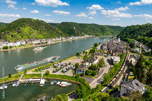 View from Rheinfels Castle of St. Goar, St. Goarshausen, Katz Castle and the Middle Rhine Valley, Rhineland-Palatinate, Germany photo