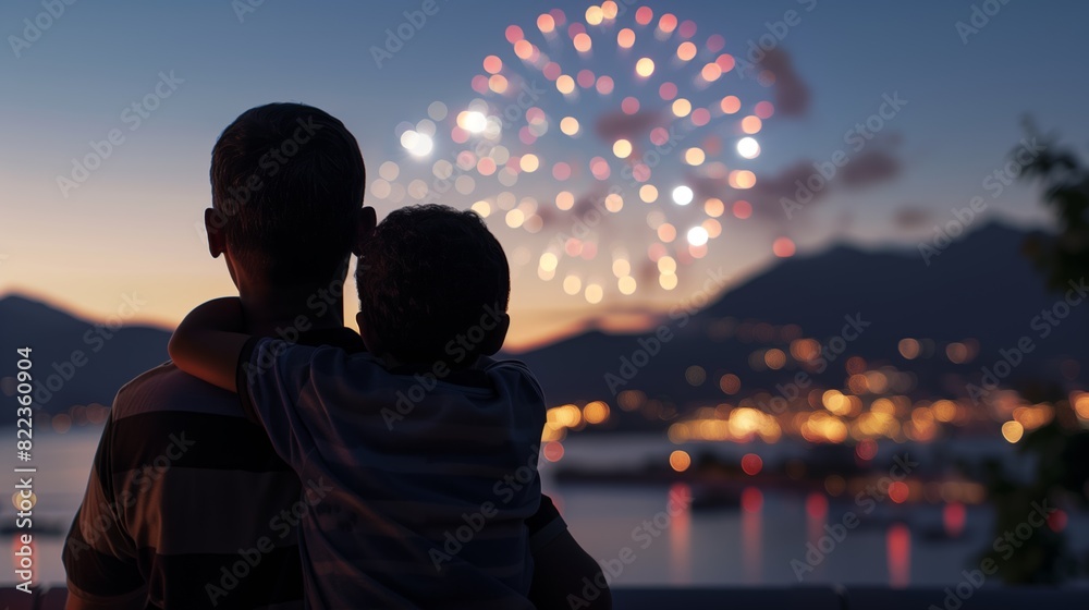 father and child watching fireworks at sunset