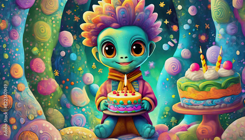 oil painting style cartoon character Multicolored happy baby alien, with birthday cake, 