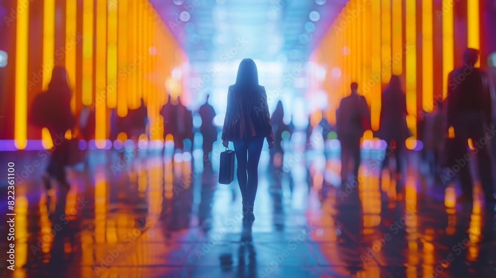 girl walks with her back to the camera on a blurred business background.