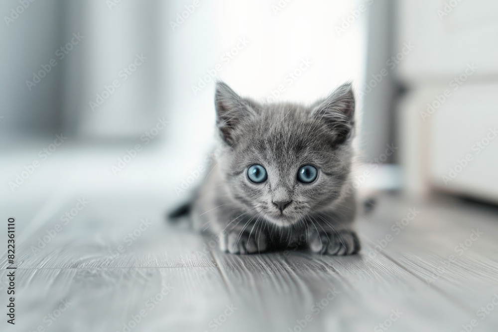 An adorable gray kitten with blue eyes lies on a wooden floor, looking curious and playful.