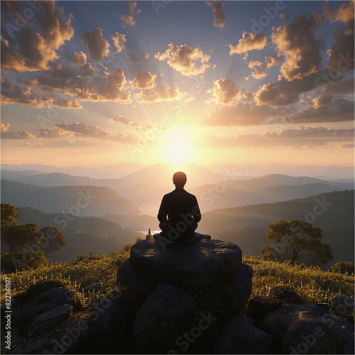 A man meditates on a mountain.