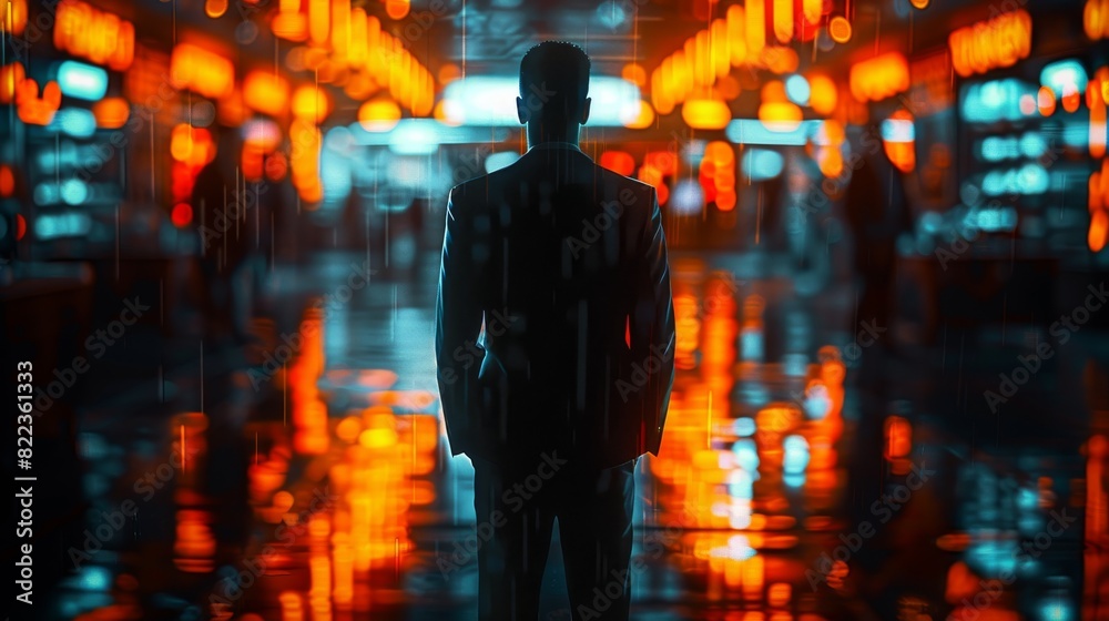 businessman in suit in a rainy environment with lights in the background