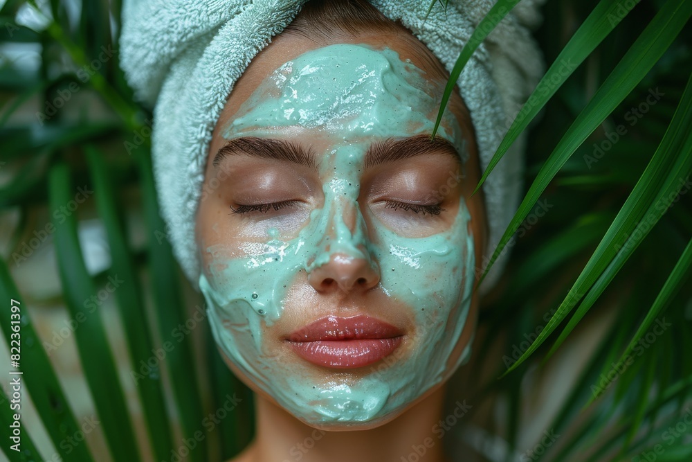Woman enjoying facial mask treatment in tropical spa setting Woman enjoying facial mask treatment in tropical spa setting