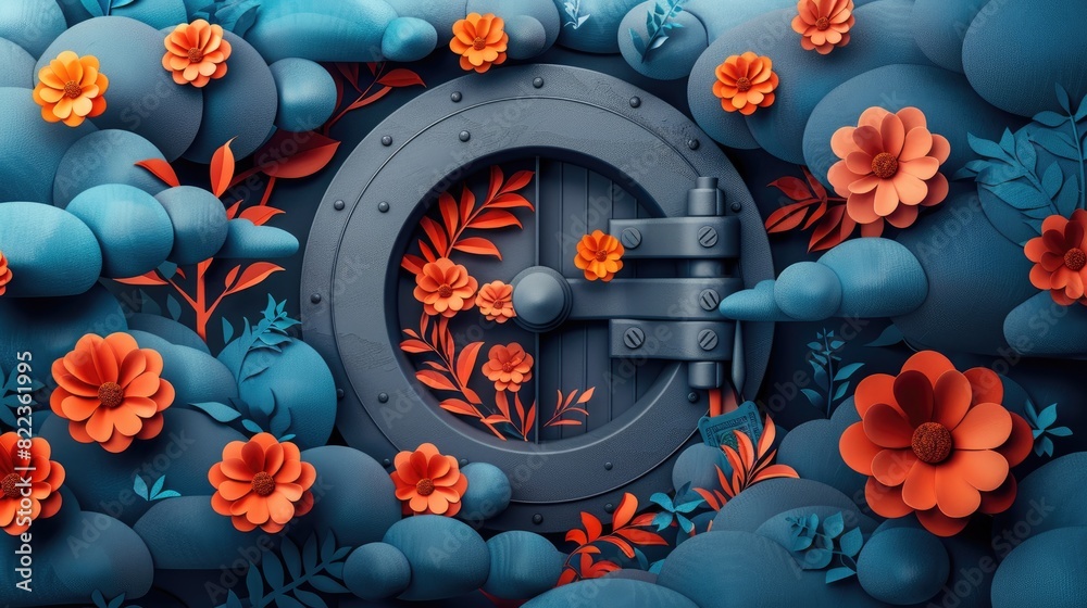 Obraz premium A captivating paper-cut art piece of a circular door surrounded by vibrant orange flowers and lush blue foliage, symbolizing the fusion of nature and imagination.