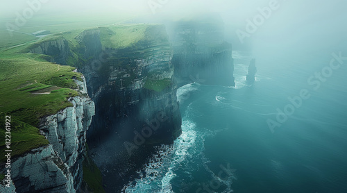 A misty morning on the coast, the sea pounds the cliffs topped with emerald green grasses, aerial view. Generative AI.