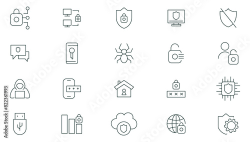 Security and protection line icons set. Security shield icons,shield logotypes with a check mark, and padlock security symbols icon collection. Thin outline icons pack. photo