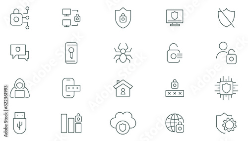 Security and protection line icons set. Security shield icons,shield logotypes with a check mark, and padlock security symbols icon collection. Thin outline icons pack.