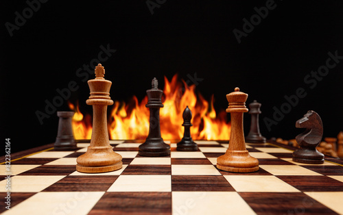 Chess pieces on the chessboard. Сhess pieces on the chessboard against a burning fire. Selective focus