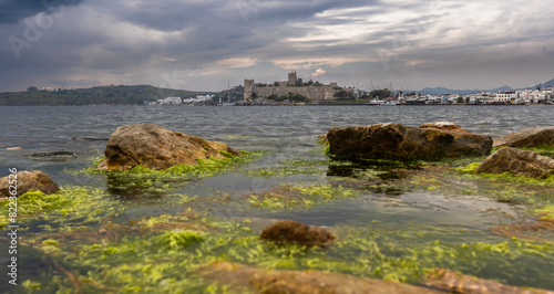 Panoramic view of Saint Peter Castle (Bodrum castle) and marina View of Bodrum beach in the foreground - Bodrum, Turkey
