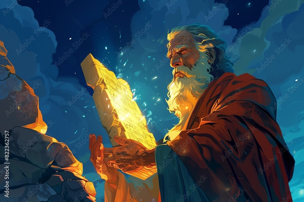 Fototapeta premium Witness a vibrant cartoon representation as Moses descends from Mount Sinai, carrying the stone tablets of the Ten Commandments, exuding authority and wisdom in a dynamic and powerful scene