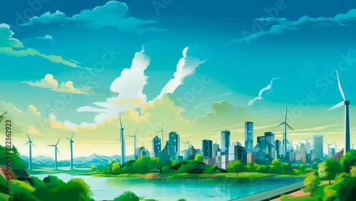 An animated scene of a futuristic city with wind turbines, green spaces, and modern buildings under a bright blue sky. photo