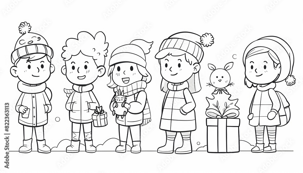 Simple line drawing of a coloring book depicting Holidays: Christmas, Valentine's Day, Halloween, Birthday depicting a separate story and interacting with other characters, thick lines for easy Simple line drawing of a coloring book depicting Holidays: Christmas, Valentine's Day, Halloween, Birthday depicting a separate story and interacting with other characters, thick lines for easy