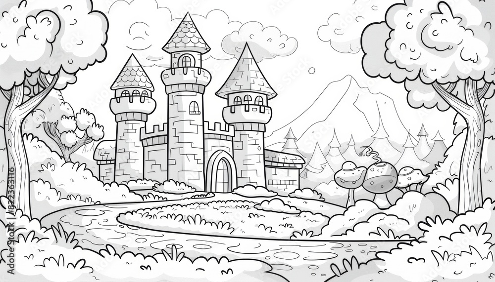 Simple line drawing of a coloring book depicting Fantasy scenery: fairy-tale forests, magical castles, distant planets depicting a separate story and interacting with other characters, thick lines
