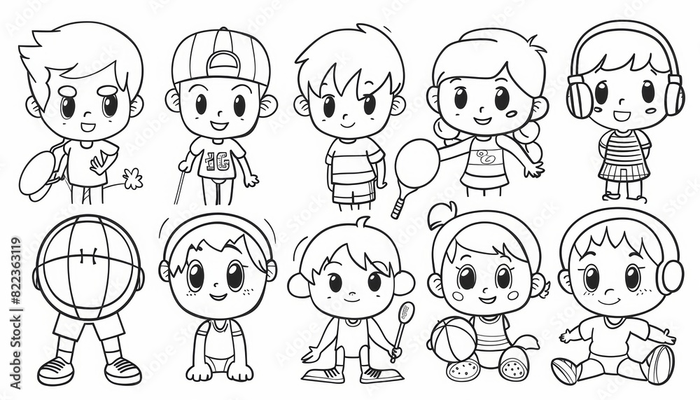 Simple line drawing of a coloring book depicting Sports: football players, basketball players, tennis players, swimmers depicting a separate story and interacting with other characters, thick lines Simple line drawing of a coloring book depicting Sports: football players, basketball players, tennis players, swimmers depicting a separate story and interacting with other characters, thick lines
