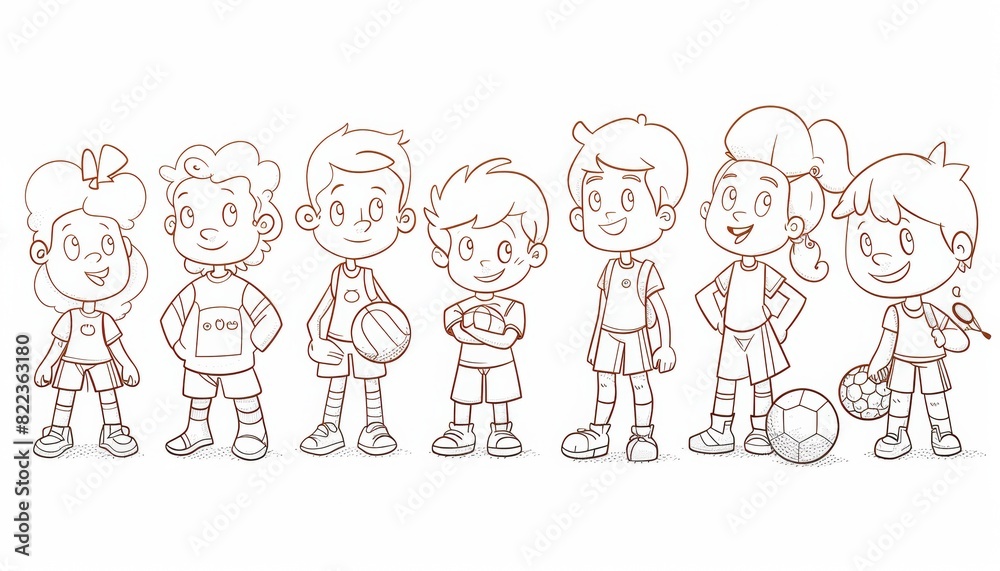 Simple line drawing of a coloring book depicting Sports: football players, basketball players, tennis players, swimmers depicting a separate story and interacting with other characters, thick lines Simple line drawing of a coloring book depicting Sports: football players, basketball players, tennis players, swimmers depicting a separate story and interacting with other characters, thick lines
