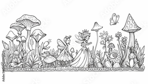 Simple line drawing of a coloring book of Fairies and Princesses  Fairies  princesses and other fairy tale characters living in wonderful fairy lands depicting a separate story and interacting 