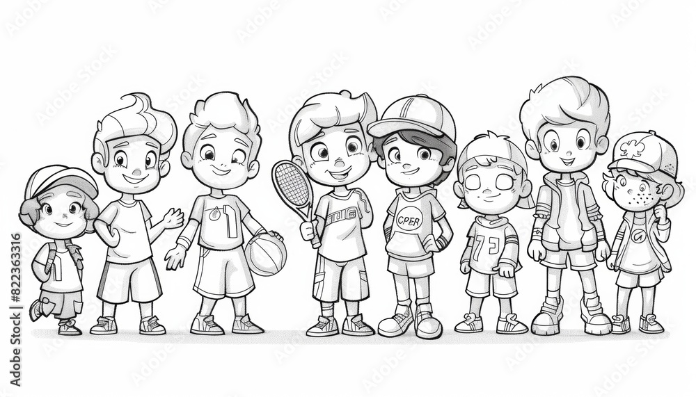 Simple line drawing of a coloring book showing Sports: football players, basketball players, tennis players, swimmers depicting a separate story and interacting with other characters, thick Simple line drawing of a coloring book showing Sports: football players, basketball players, tennis players, swimmers depicting a separate story and interacting with other characters, thick