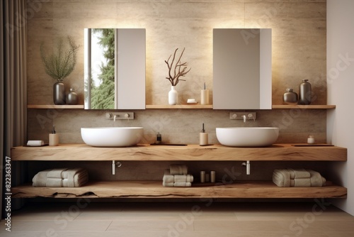 Stylish bathroom interior featuring wooden vanity with two white sinks and minimalist decor