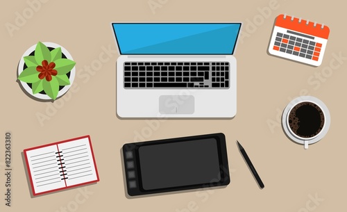 Graphic Designer Table with Laptop and Drawing Tools. Art and profession concept illustration