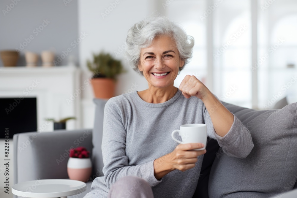 Portrait of a blissful woman in her 60s showing a thumb up while standing against crisp minimalistic living room Portrait of a blissful woman in her 60s showing a thumb up while standing against crisp minimalistic living room