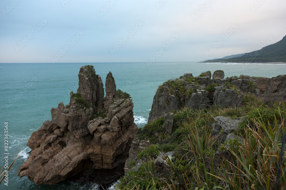 New Zealand Pancake Rocks in Hokitika on a sunny autumn day New Zealand Pancake Rocks in Hokitika on a sunny autumn day