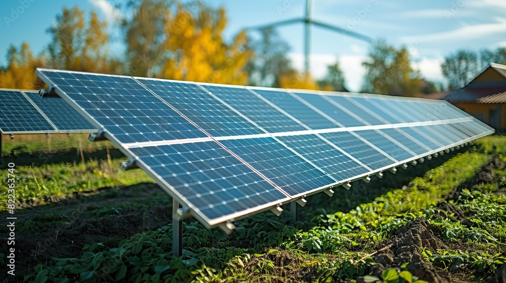 solar energy panel photovoltaic cell and wind turbine farm power generator in nature landscape.photo illustration solar energy panel photovoltaic cell and wind turbine farm power generator in nature landscape.photo illustration