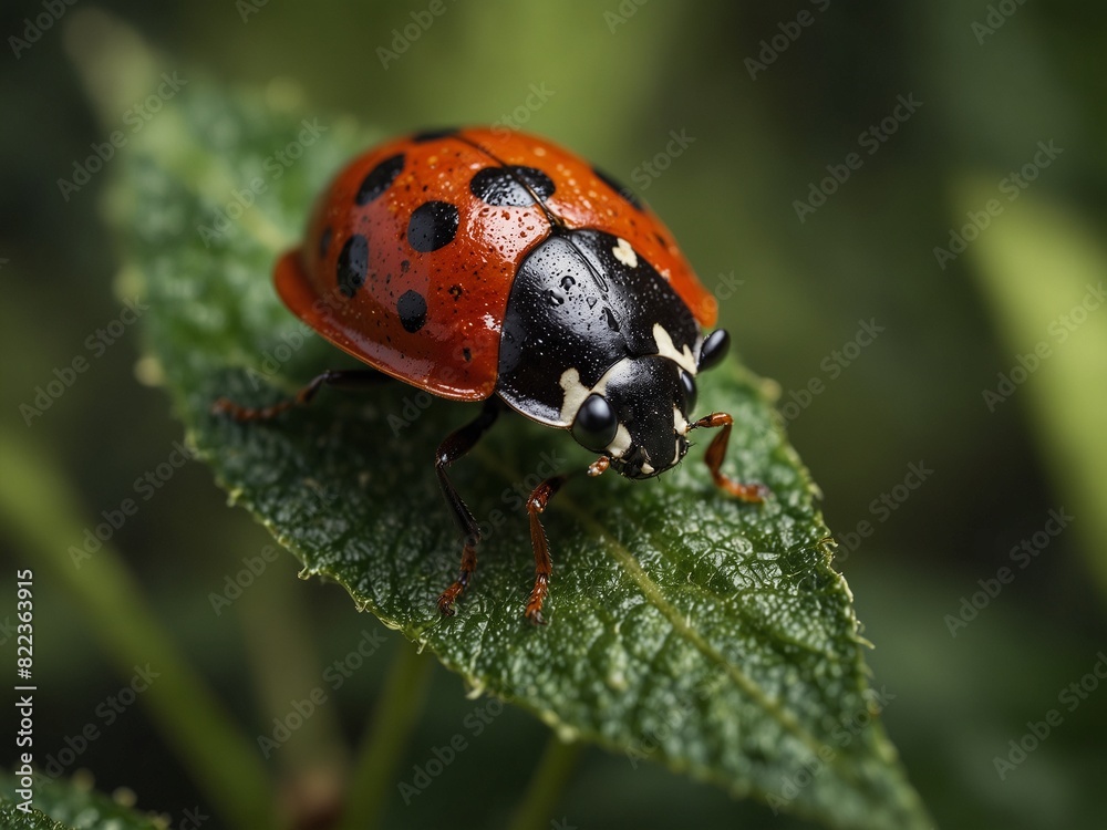 Fototapeta premium Enchanting Close-Up Macro Photography of Ladybug on Leaf with Vibrant Colors and Distinctive Spots