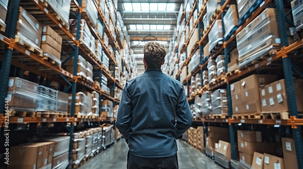 warehouse workers moving goods and counting stock in aisle between rows of tall shelves full of packed boxes.stock image warehouse workers moving goods and counting stock in aisle between rows of tall shelves full of packed boxes.stock image