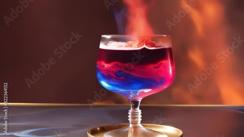 A colorful cocktail with smoke effect rising, served in an elegant glass, showcasing a mix of blue and red colors. Alcoholic cocktail. Nightlife. Hangouts and clubs photo