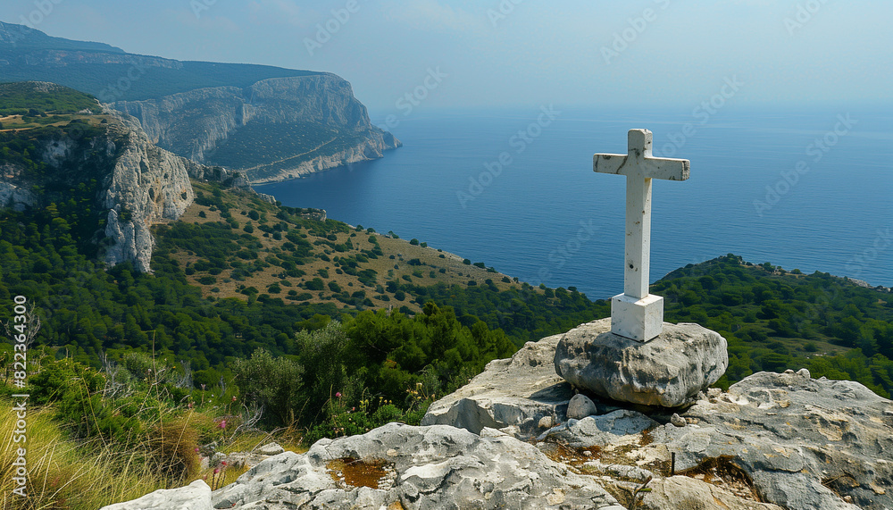 White cross on mediterranean landscape White cross on mediterranean landscape