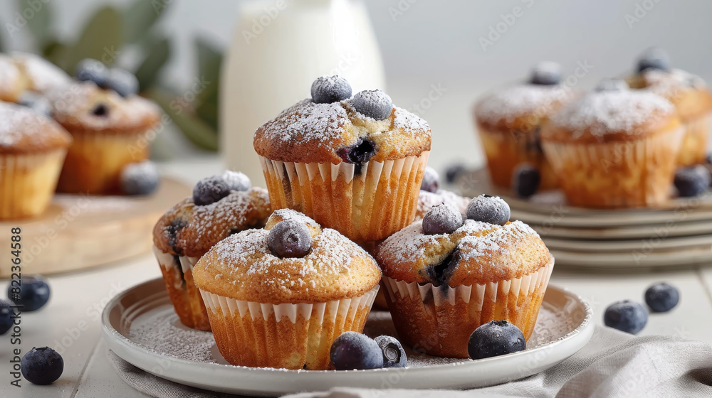 Muffins with blueberries. There are berries inside muffins. Serve the finished dish on a plate, sprinkle with powdered sugar and put a glass of milk in the background. Generative AI.