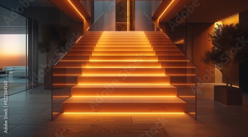 Staircase with LED lights in a modern home interior  showcasing an illuminated staircase and glass railings for aesthetic lighting design. The sleek stairs feature warm white LED strip lights under 