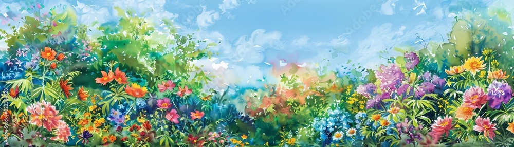 Capture the panoramic view of a lush garden in vivid watercolors, showcasing a tapestry of rainbow-colored flowers blooming under a clear blue sky