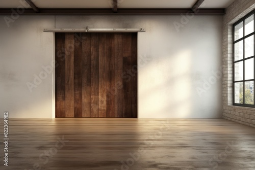 Spacious and stylish loft room featuring a rustic wooden sliding door, natural light, and sleek flooring