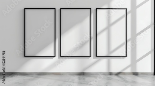Three black frames hanging on wall in empty room.