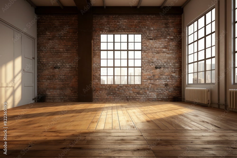 Spacious empty loft with large windows, warm sunlight, and rustic brick walls for a cozy urban interior Spacious empty loft with large windows, warm sunlight, and rustic brick walls for a cozy urban interior