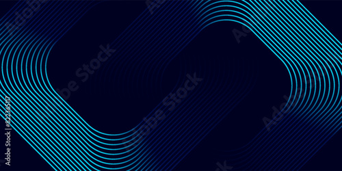 Abstract blue glowing geometric lines on dark background. Modern shiny blue rounded square lines pattern. Futuristic technology concept.
