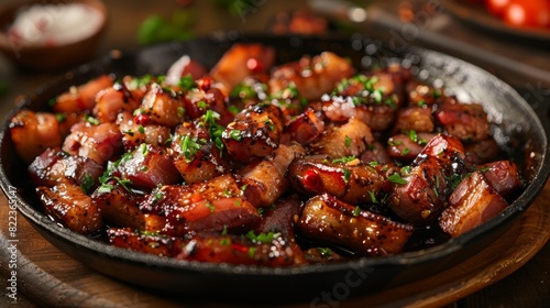 gourmet bacon recipes, thick-cut bacon on a sizzling skillet with caramelized jam glaze a delectable dish that is sure to delight any bacon lover photo