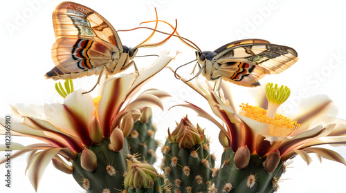 Moths pollinating night-blooming cereus cacti in desert ecosystems isolated on white background, cinematic, png 