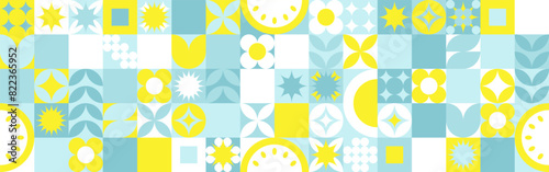 Seamless geometric summer background from flowers ornament, bright textiles and wallpaper. Daisies and bells in yellow and blue sunny shades for packaging goods and gifts.